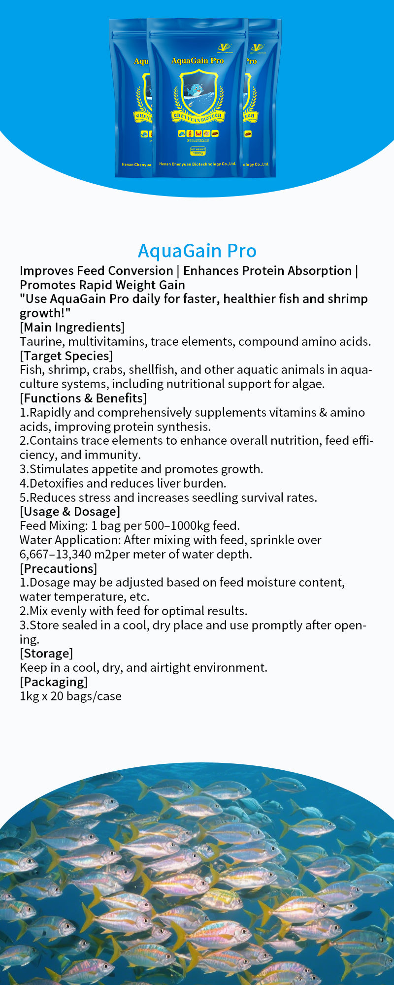 AquaGain Pro-Improves Feed Conversion / Enhances Protein Absorption / Promotes Rapid Weight Gain