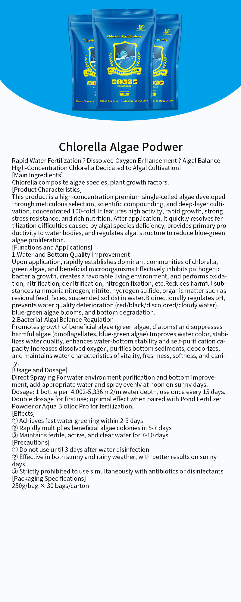 Chlorella Algae Podwer-Rapid Water Fertilization • Dissolved Oxygen Enhancement • Algal Balance